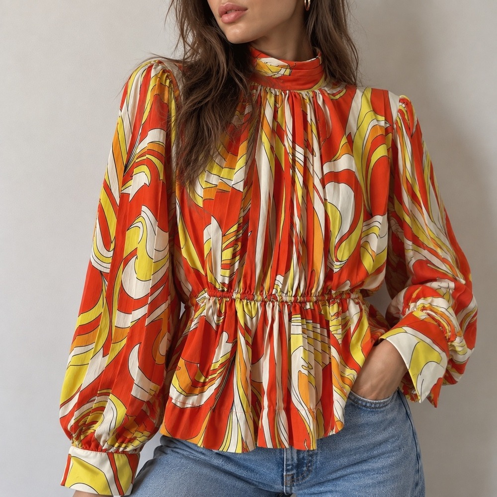 Beulah Style Orange Psychedelic Print Peplum Blouse S/M 70s Mod Retro